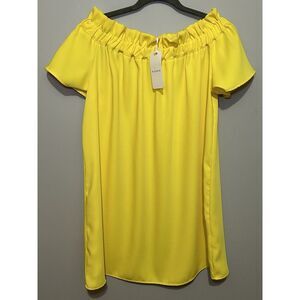 BOUTIQUE PLEIONE YELLOW OFF SHOULDER CREPE PEASANT SHIFT DRESS CRUISE TRAVEL MED